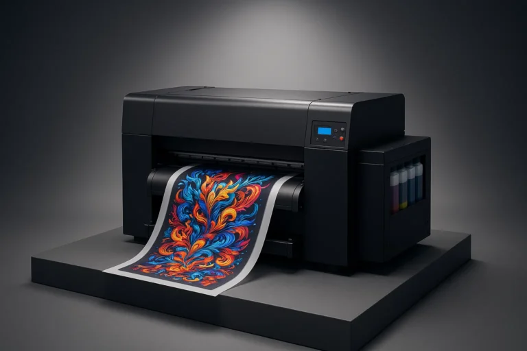 A premium DTF printer showcased on an elevated platform printing a vibrant film sheet in a professional studio.