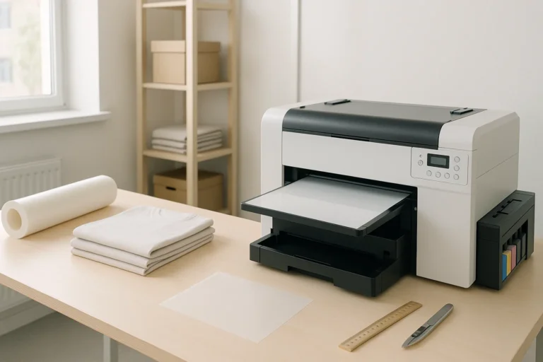DTF definition showing a direct to film printing workspace with printer and transfer film