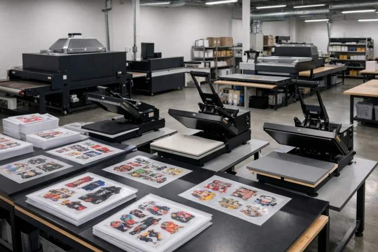 DTF heat transfer workflow with heat presses in an on-demand apparel print shop