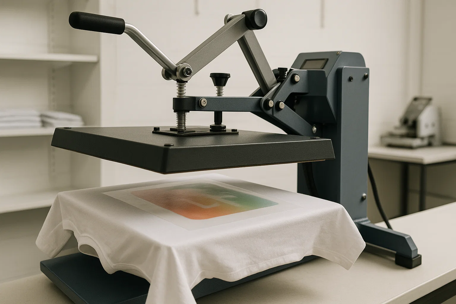 DTF pressing instructions shown using a heat press machine on a t-shirt