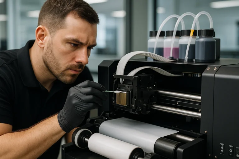 Technician cleaning a DTF printer printhead during maintenance to prevent clogs and improve print quality