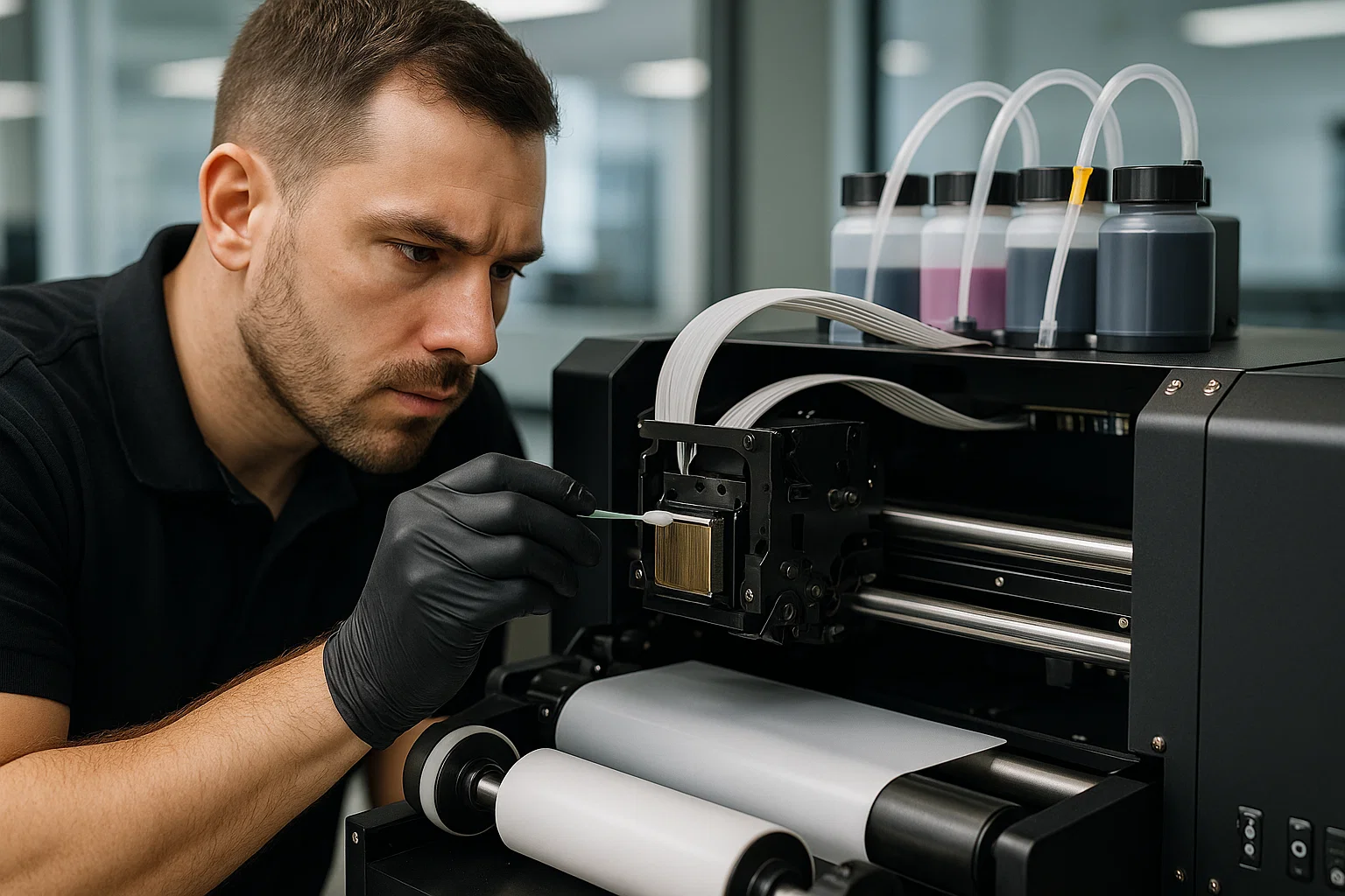 Technician cleaning a DTF printer printhead during maintenance to prevent clogs and improve print quality