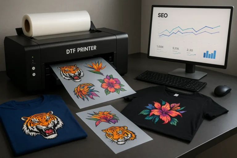 A DTF printer producing vibrant transfer sheets next to a computer displaying SEO analytics, with printed shirts and colorful graphics on a workstation.