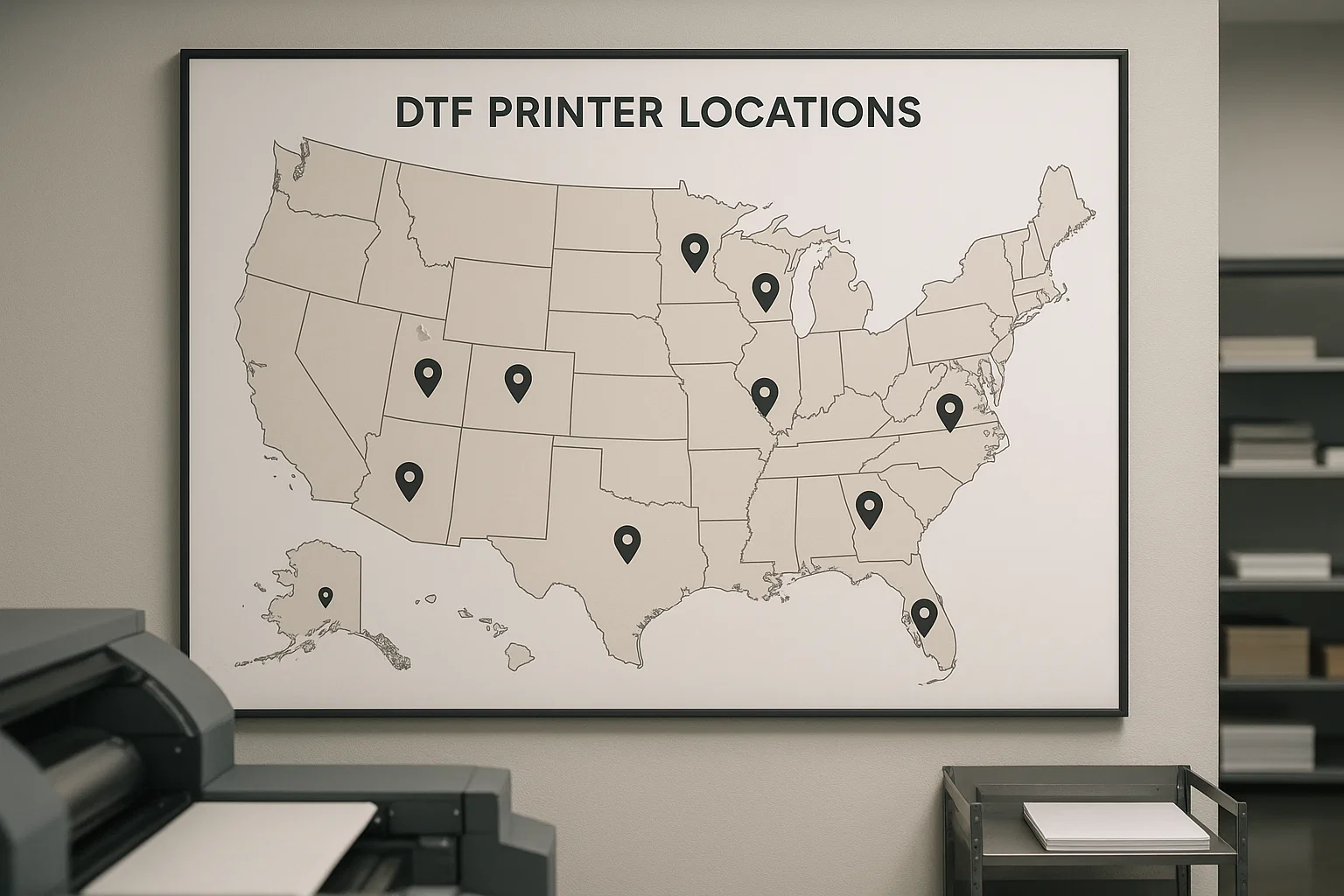 DTF printer locations across U.S. states shown on a map in 2026