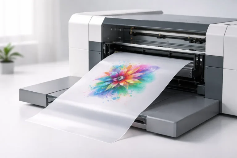 Modern DTF printer producing a colorful Direct to Film transfer