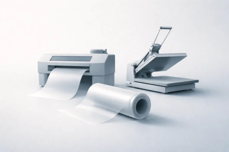 Minimalist illustration showing DTF printing production costs with printer, film roll, and heat press