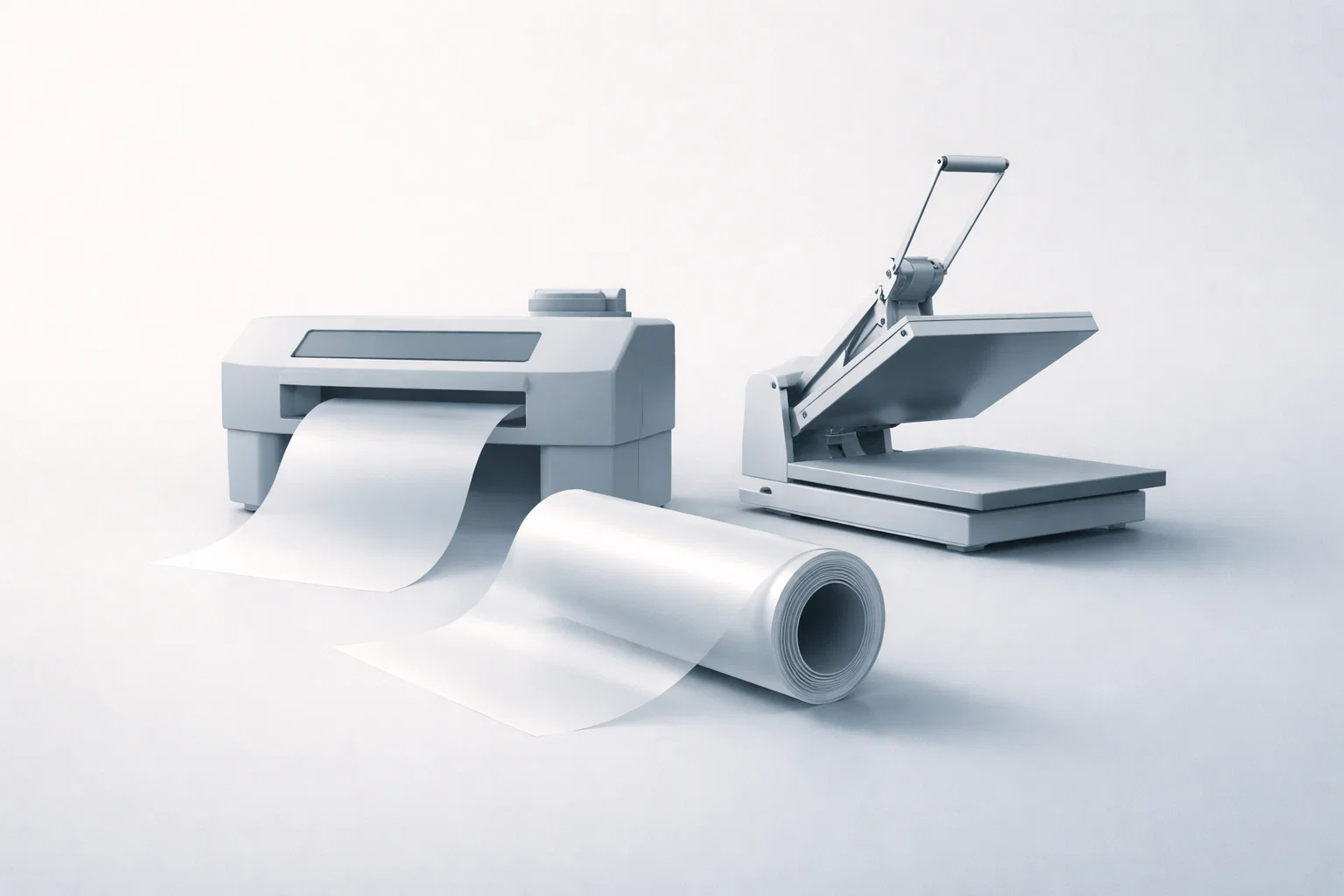 Minimalist illustration showing DTF printing production costs with printer, film roll, and heat press