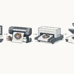DTF printing workflow showing design, PET film printing, curing, and heat press transfer steps