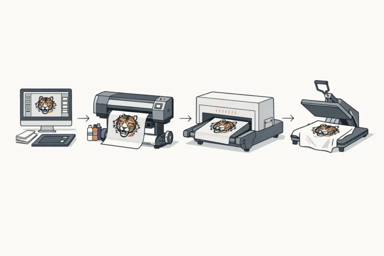 DTF printing workflow showing design, PET film printing, curing, and heat press transfer steps