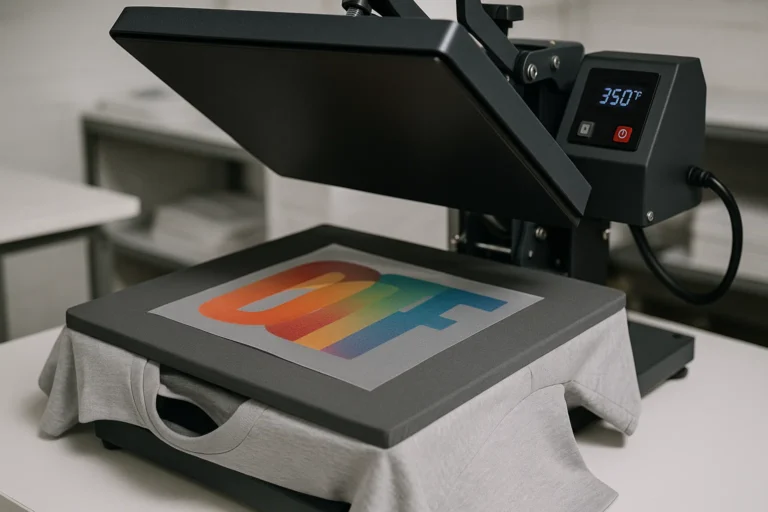DTF transfer temperature and time settings shown on a heat press machine
