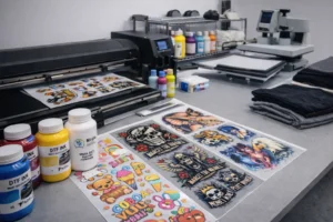 DTF transfer workspace with printer, transfer sheets, and materials showing consistent print quality and production setup for top DTF transfer brands