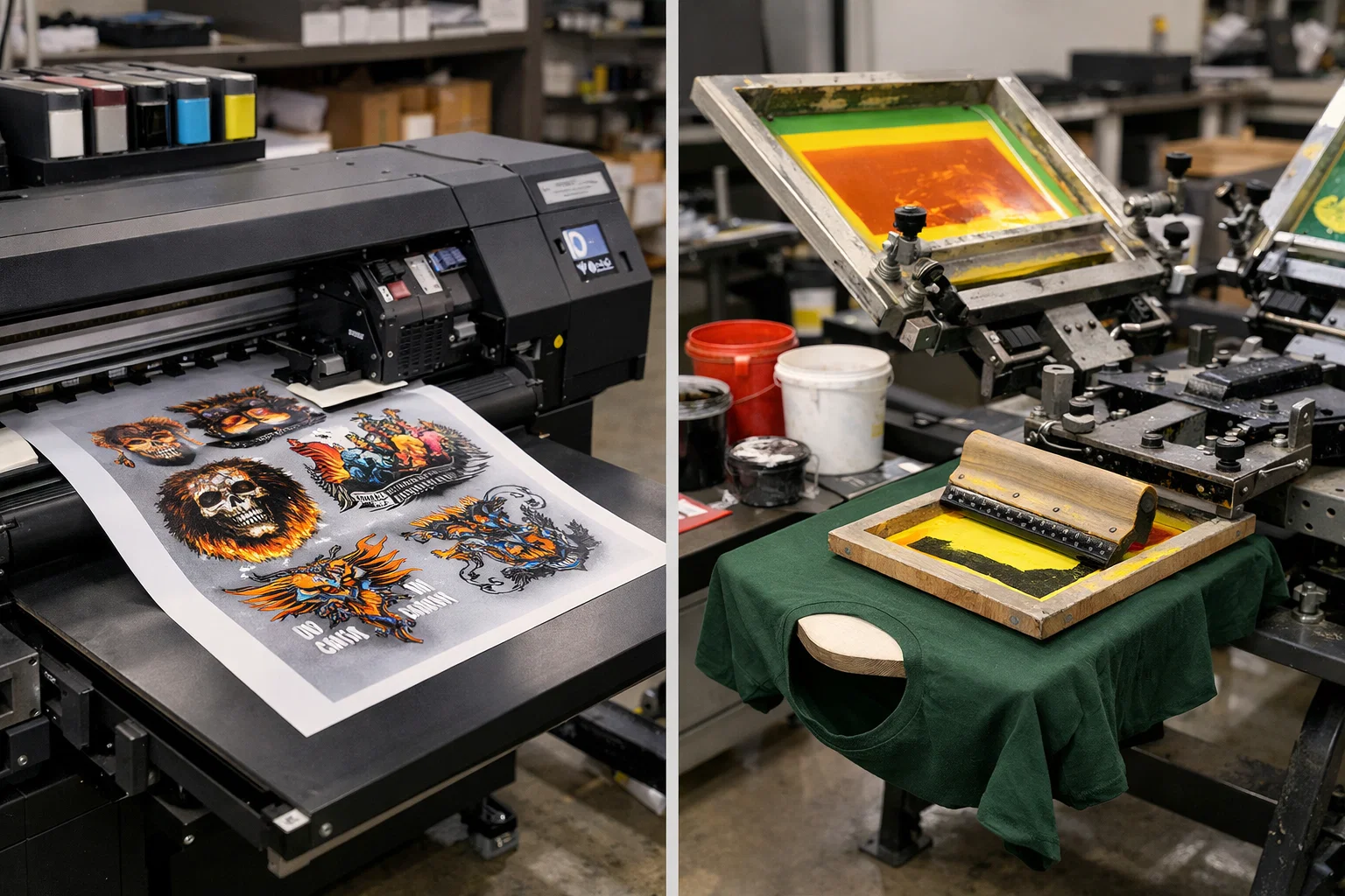 DTF vs screen printing comparison showing DTF transfer film printing and traditional screen printing setup in 2026