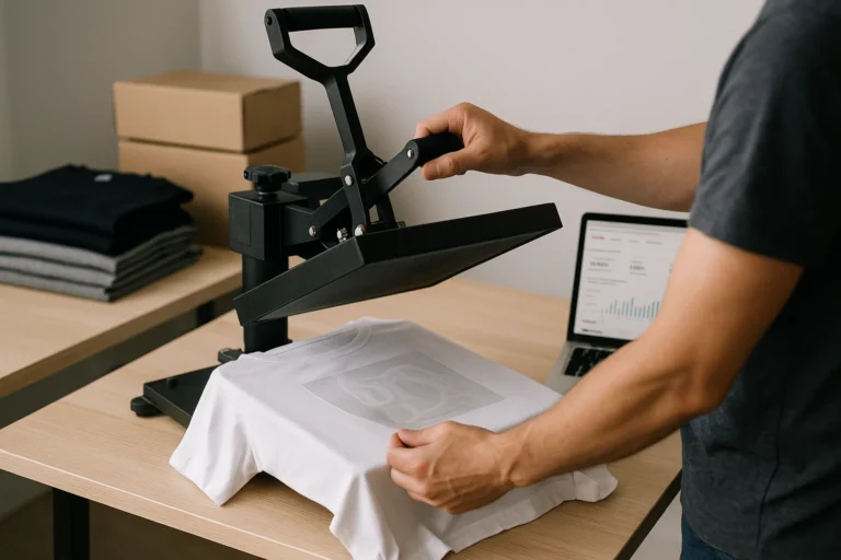 Etsy seller using a heat press to apply DTF transfers on custom apparel in 2026