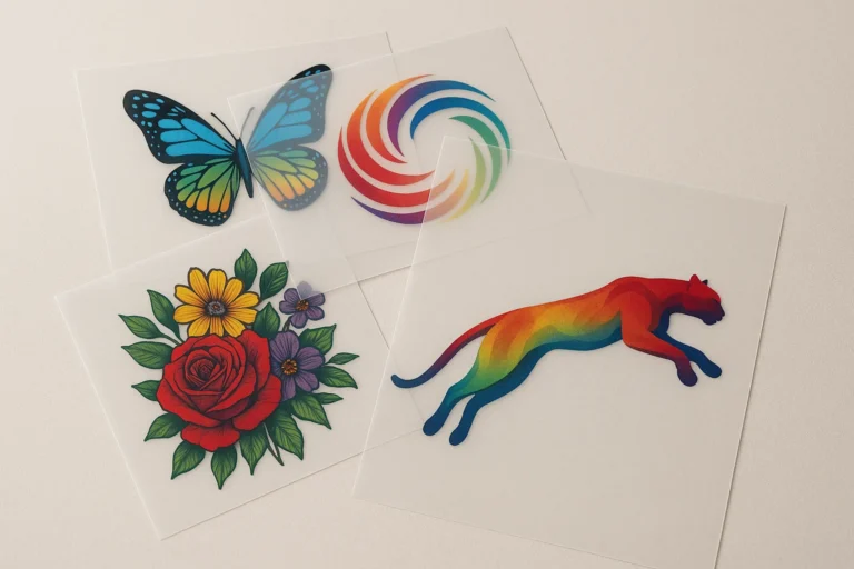 Editorial style photo of DTF transfer sheets arranged on a clean surface for a product comparison article.