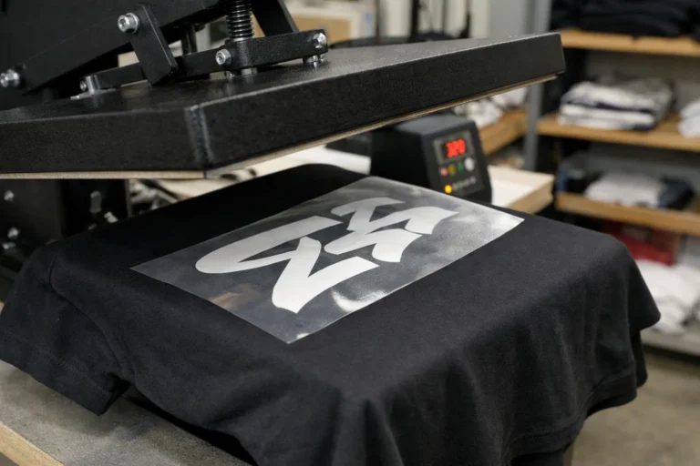 Heat transfer vinyl being applied to a t shirt using a heat press machine