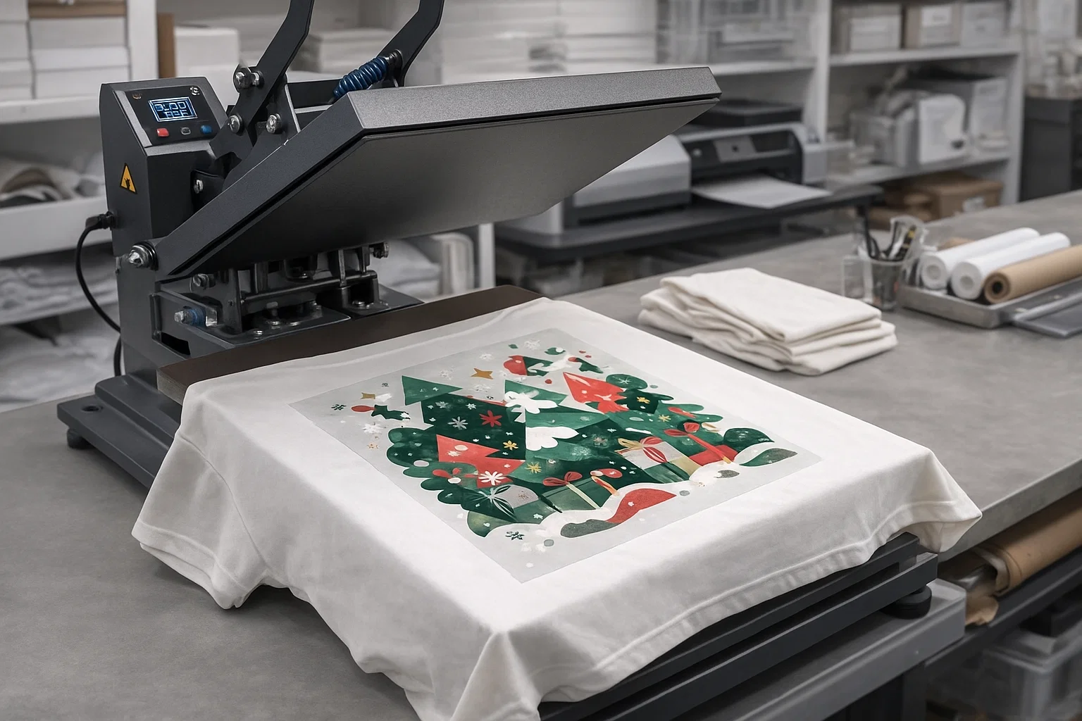 Holiday-themed DTF transfer being pressed on a t-shirt using a heat press in 2026