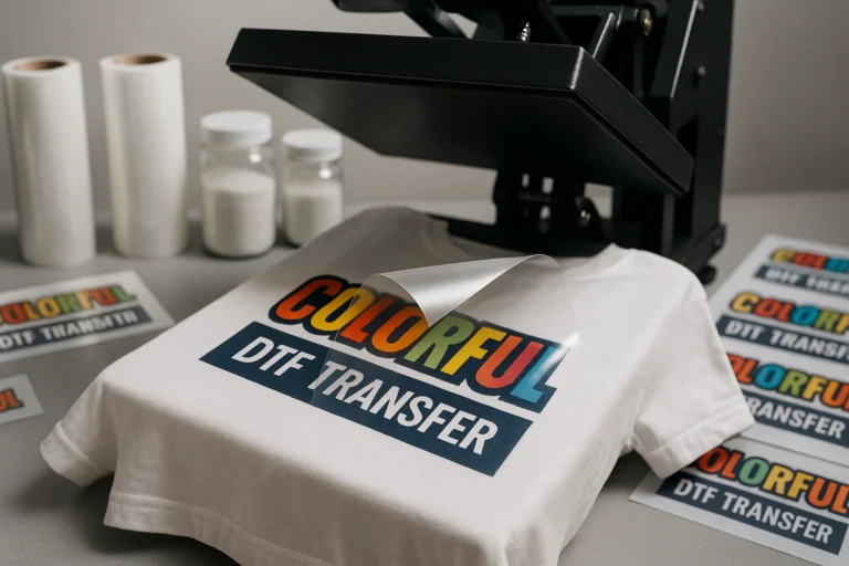 How to apply a DTF transfer using a heat press, showing the peeling step on a colorful print with film sheets and adhesive powder in the background.