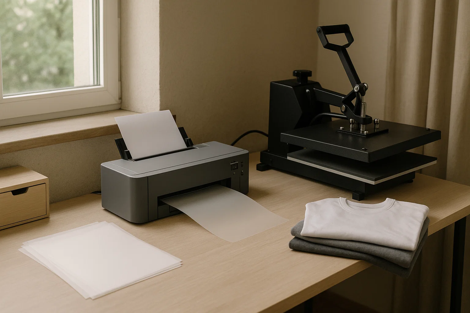 Home DTF printing setup showing a compact printer, PET transfer film, and heat press for making DTF transfers at home
