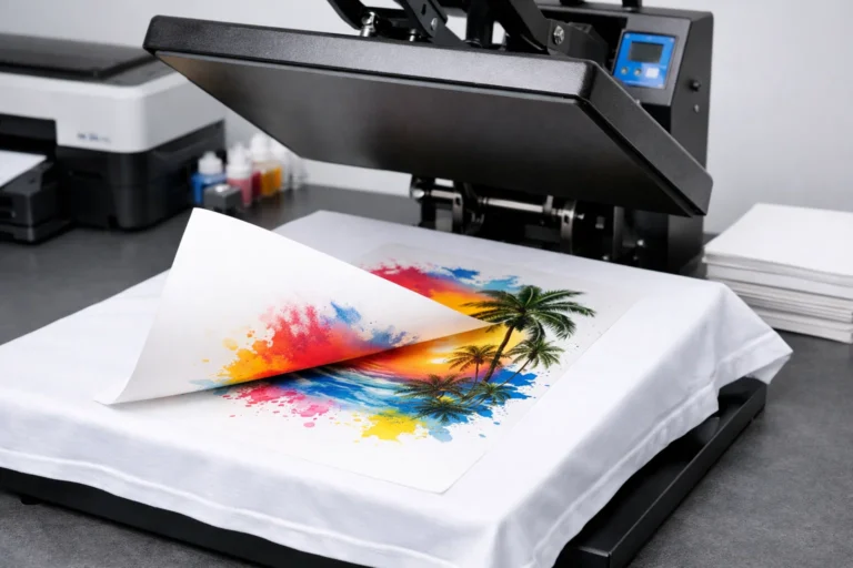 Sublimation printing process using a heat press on white polyester fabric