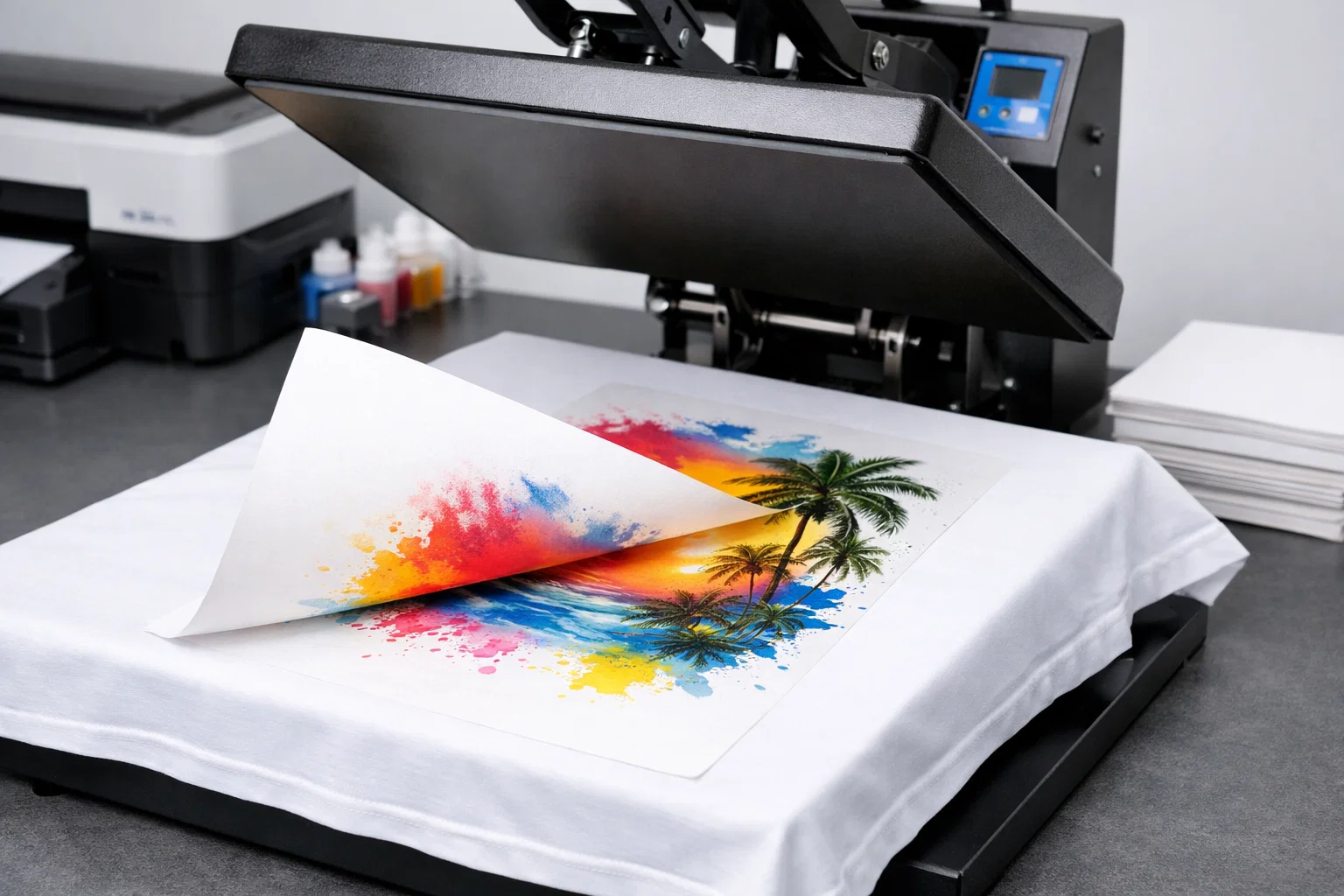 Sublimation printing process using a heat press on white polyester fabric
