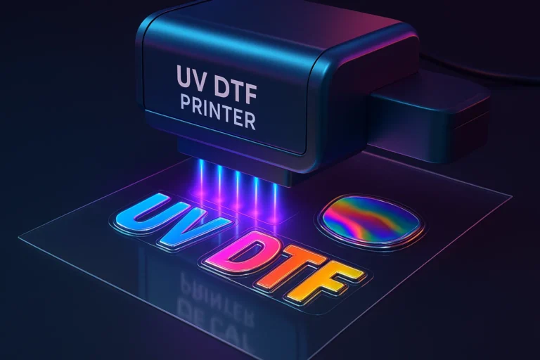 A UV DTF printer creating glossy full color decals using UV Direct to Film technology.
