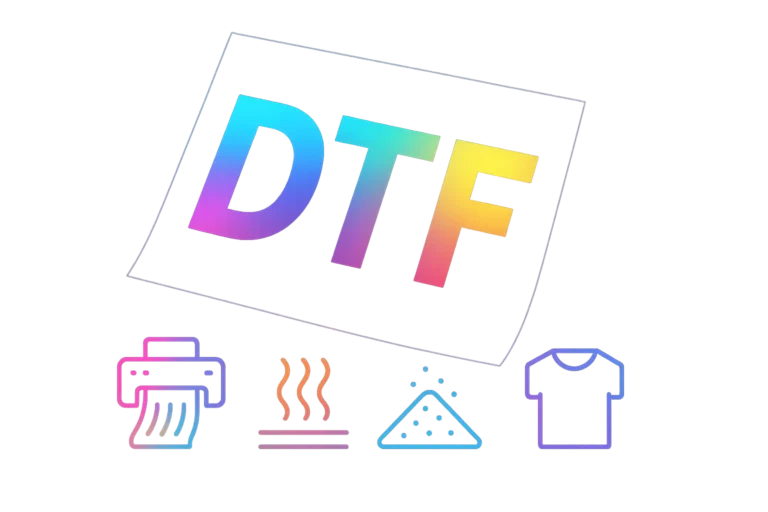 Creative conceptual visual explaining what DTF means in printing, showing a colorful DTF film sheet and neon icons representing the printing process.