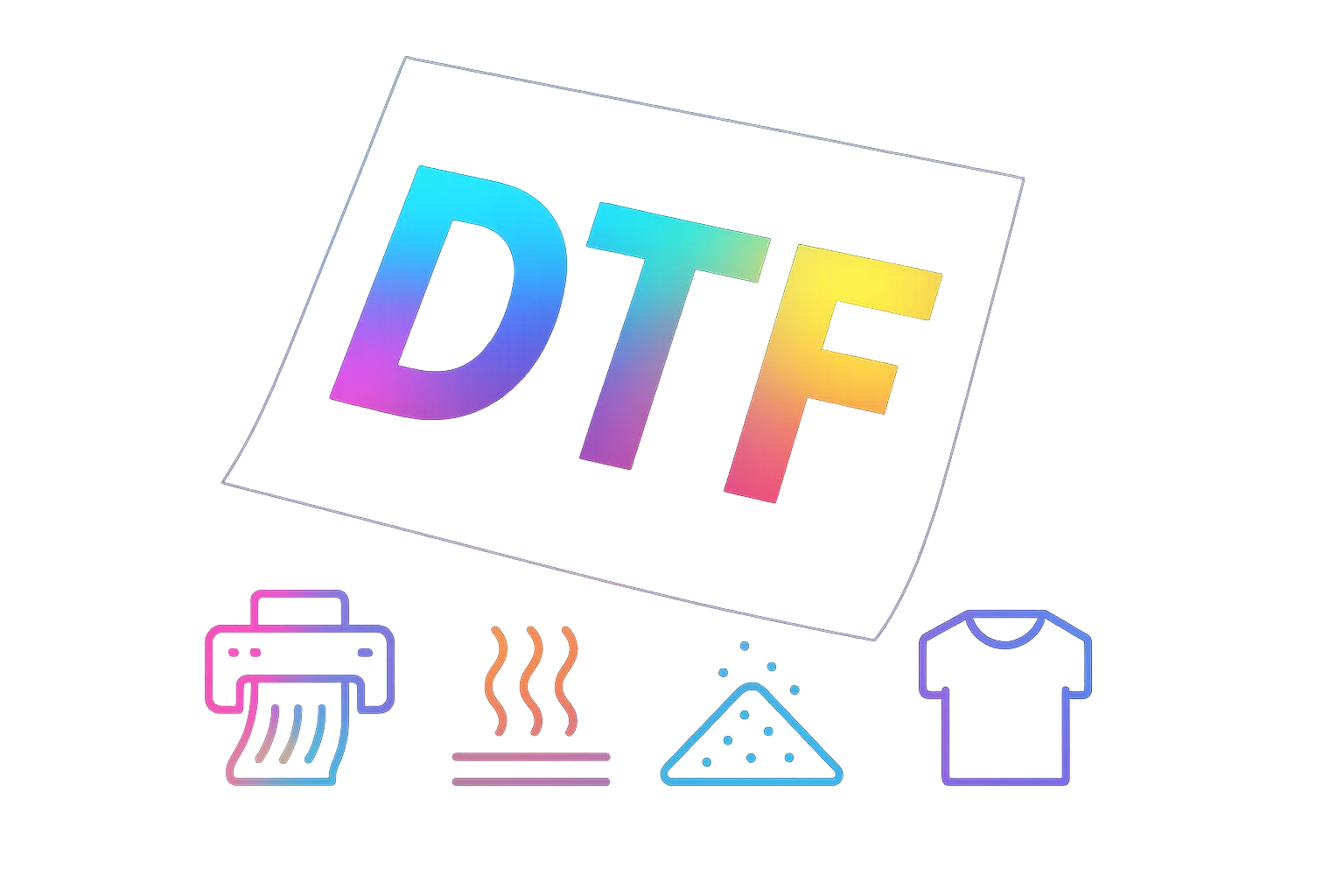 Creative conceptual visual explaining what DTF means in printing, showing a colorful DTF film sheet and neon icons representing the printing process.