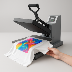 A 3D-rendered heat press machine applying a vibrant DTF transfer onto a white T-shirt, with a hand lifting the film to reveal the colorful design.