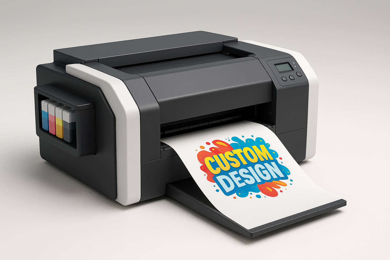 A modern direct-to-film (DTF) printer producing a colorful custom design onto PET transfer film, shown in a clean 3D render suitable for news and technology articles.