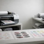 DTF color inconsistency visible on transfer sheets in a print shop