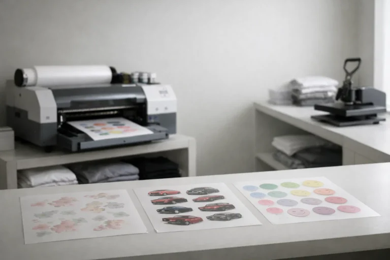 DTF color inconsistency visible on transfer sheets in a print shop