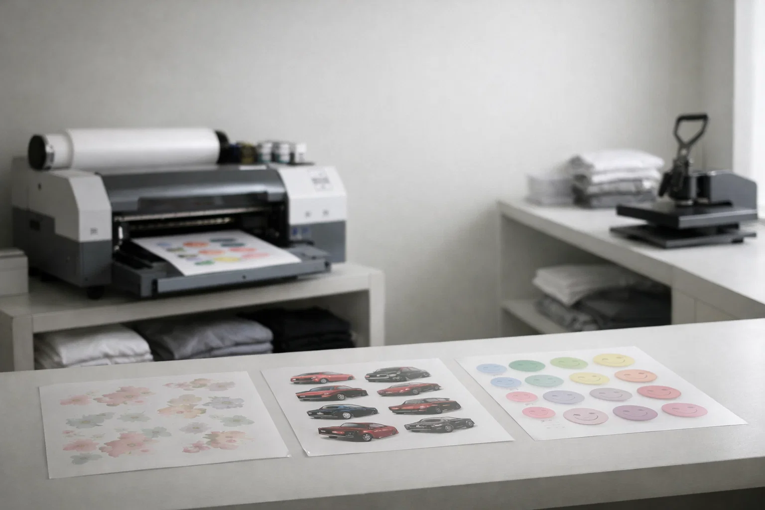 DTF color inconsistency visible on transfer sheets in a print shop