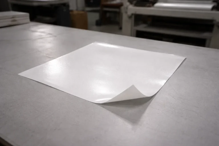 DTF film curling on a flat work surface in a print shop during winter production