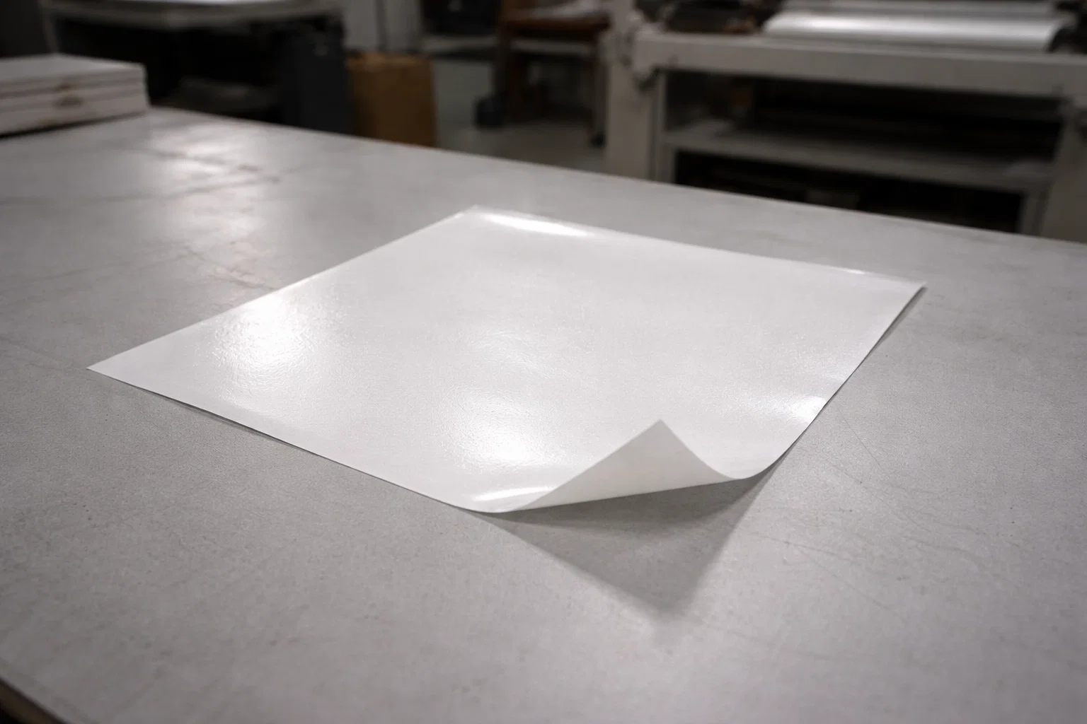 DTF film curling on a flat work surface in a print shop during winter production
