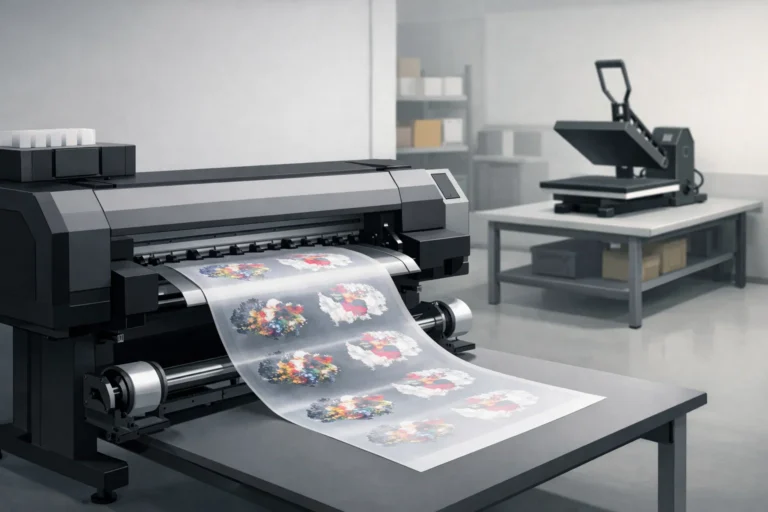 Modern DTF printer producing PET film transfers in a professional apparel print shop