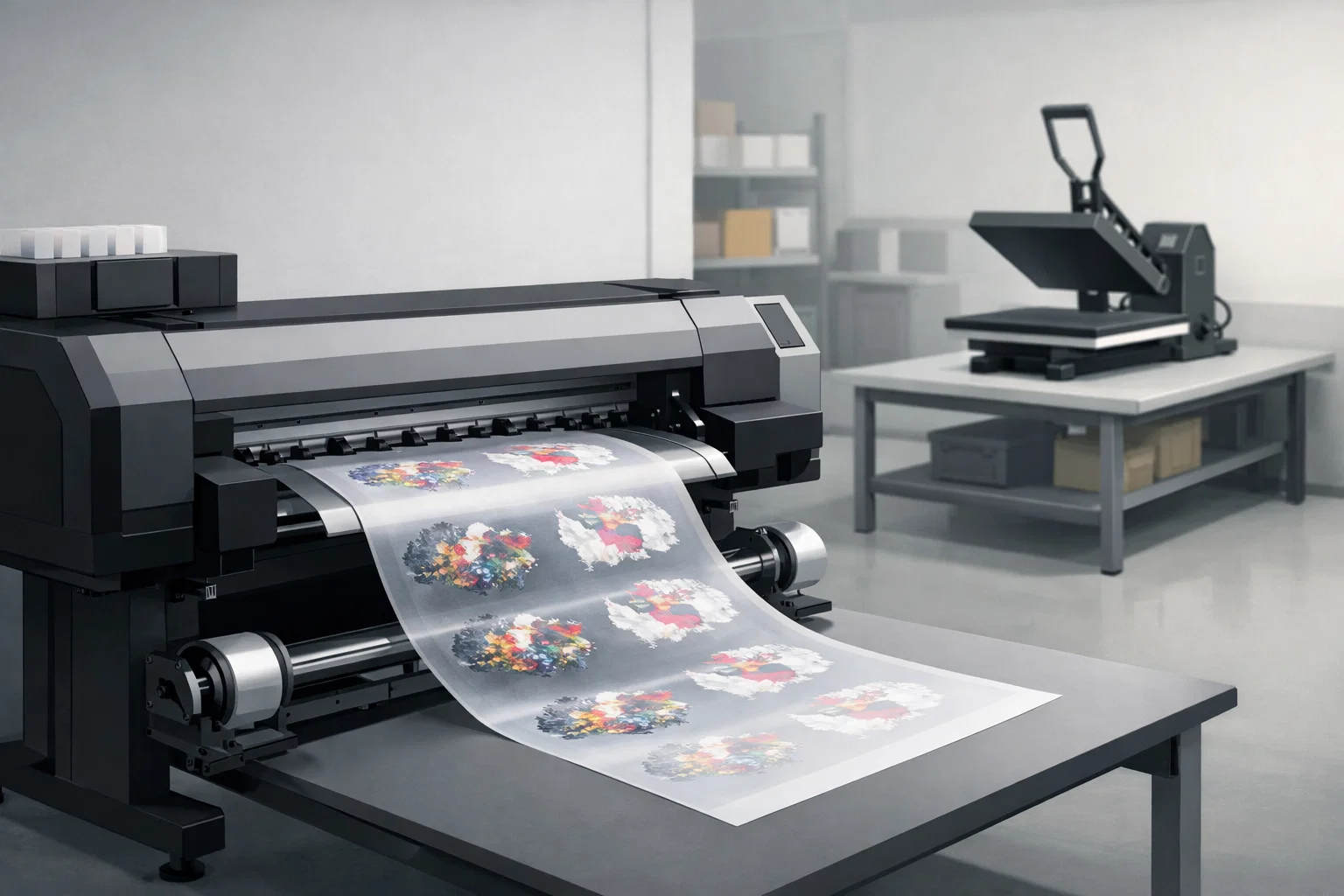 Modern DTF printer producing PET film transfers in a professional apparel print shop