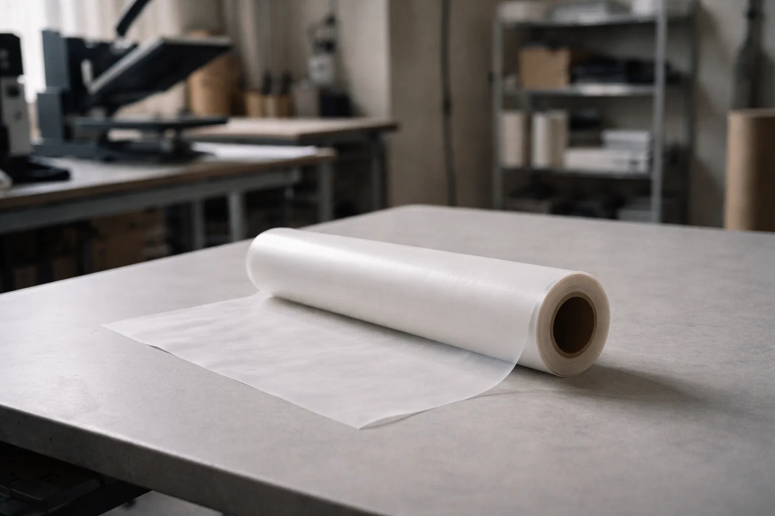 Minimal view of a DTF transfer film roll on a print shop table during supply shortage