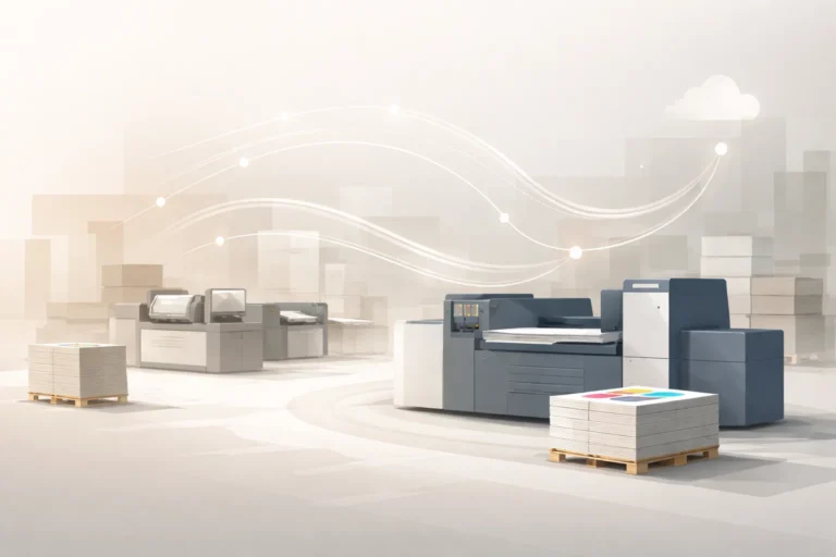 Editorial illustration showing modern printing industry workflows shifting toward on-demand production