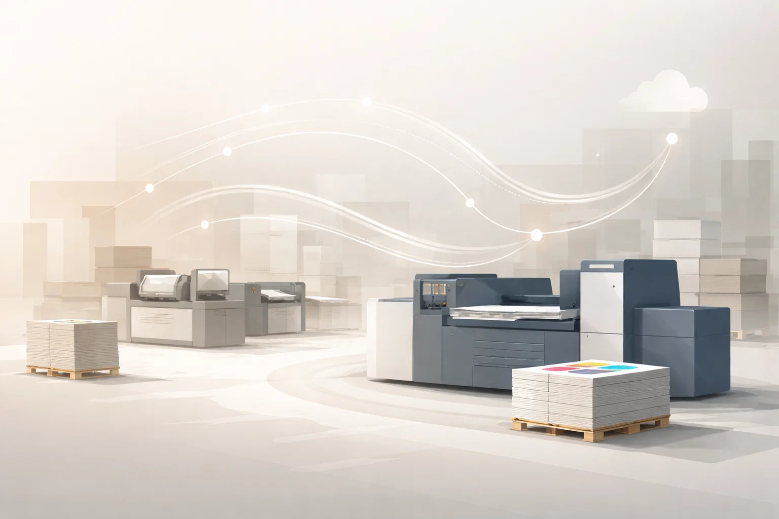 Editorial illustration showing modern printing industry workflows shifting toward on-demand production