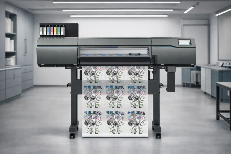 Roland DG TY-300 direct to film printer in a professional apparel production environment