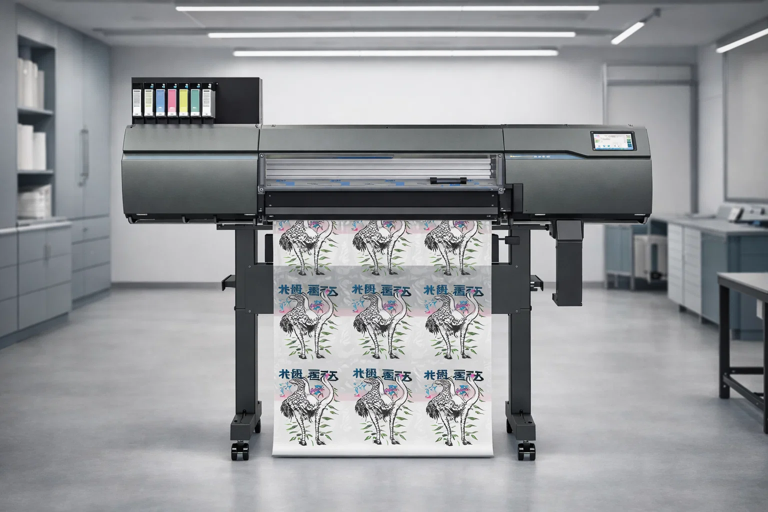 Roland DG TY-300 direct to film printer in a professional apparel production environment