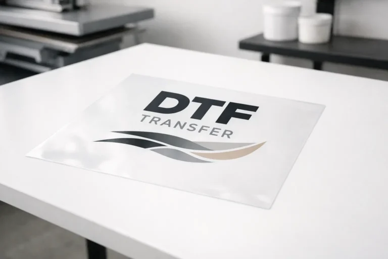 Best DTF transfers for business shown on PET film ready for commercial apparel printing production