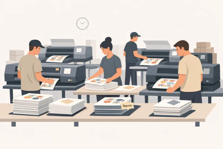 Illustration showing increased DTF reprints in a print shop handling same-day apparel orders