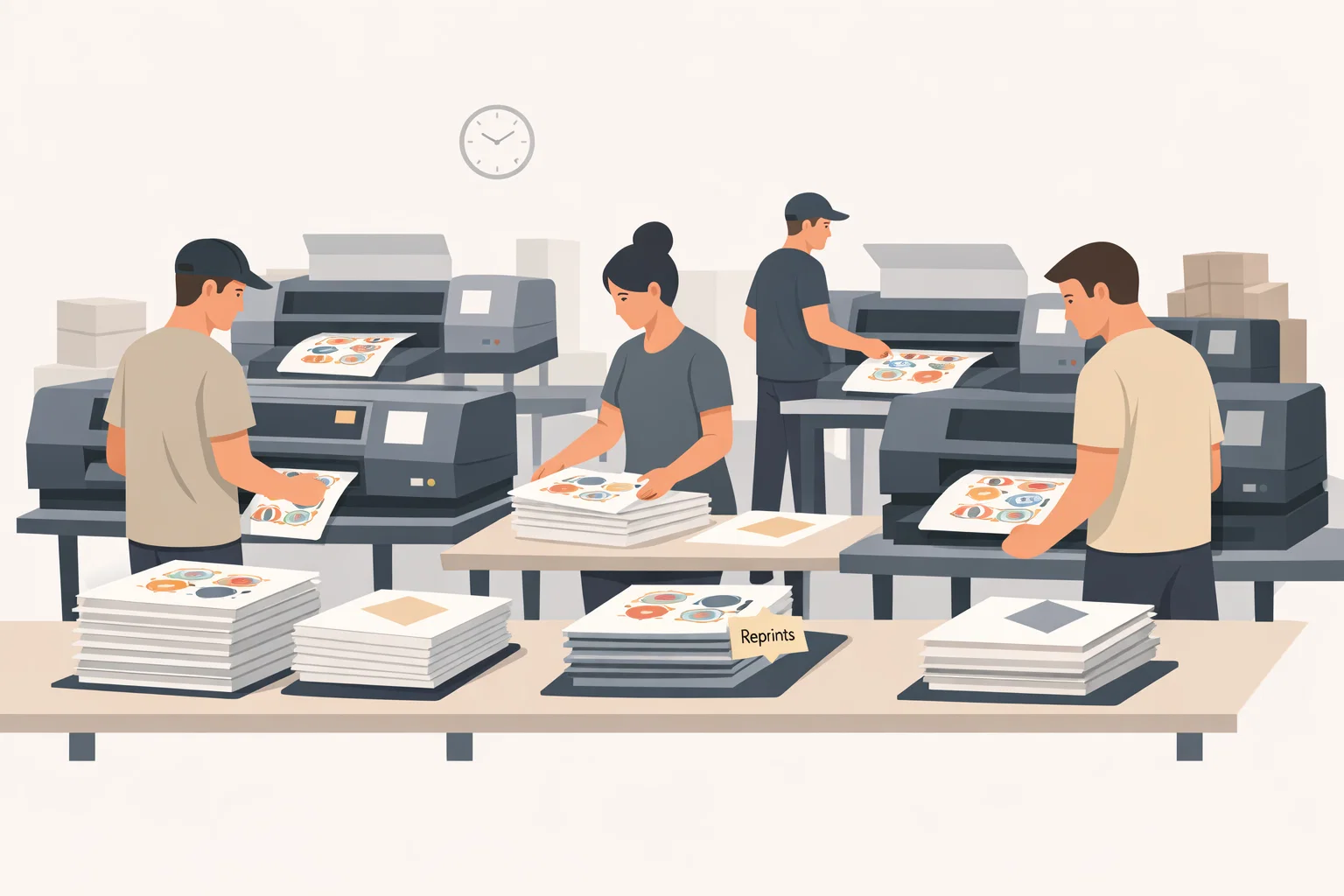 Illustration showing increased DTF reprints in a print shop handling same-day apparel orders