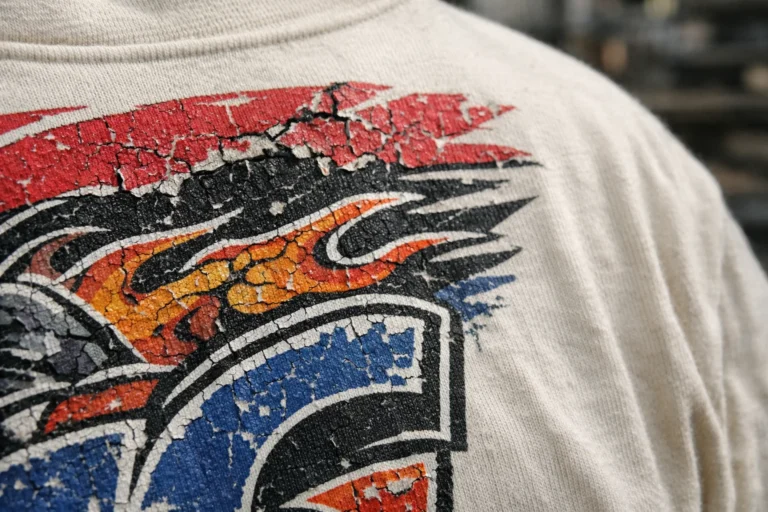 Close-up of DTF transfer cracking on cotton t-shirt after multiple wash cycles