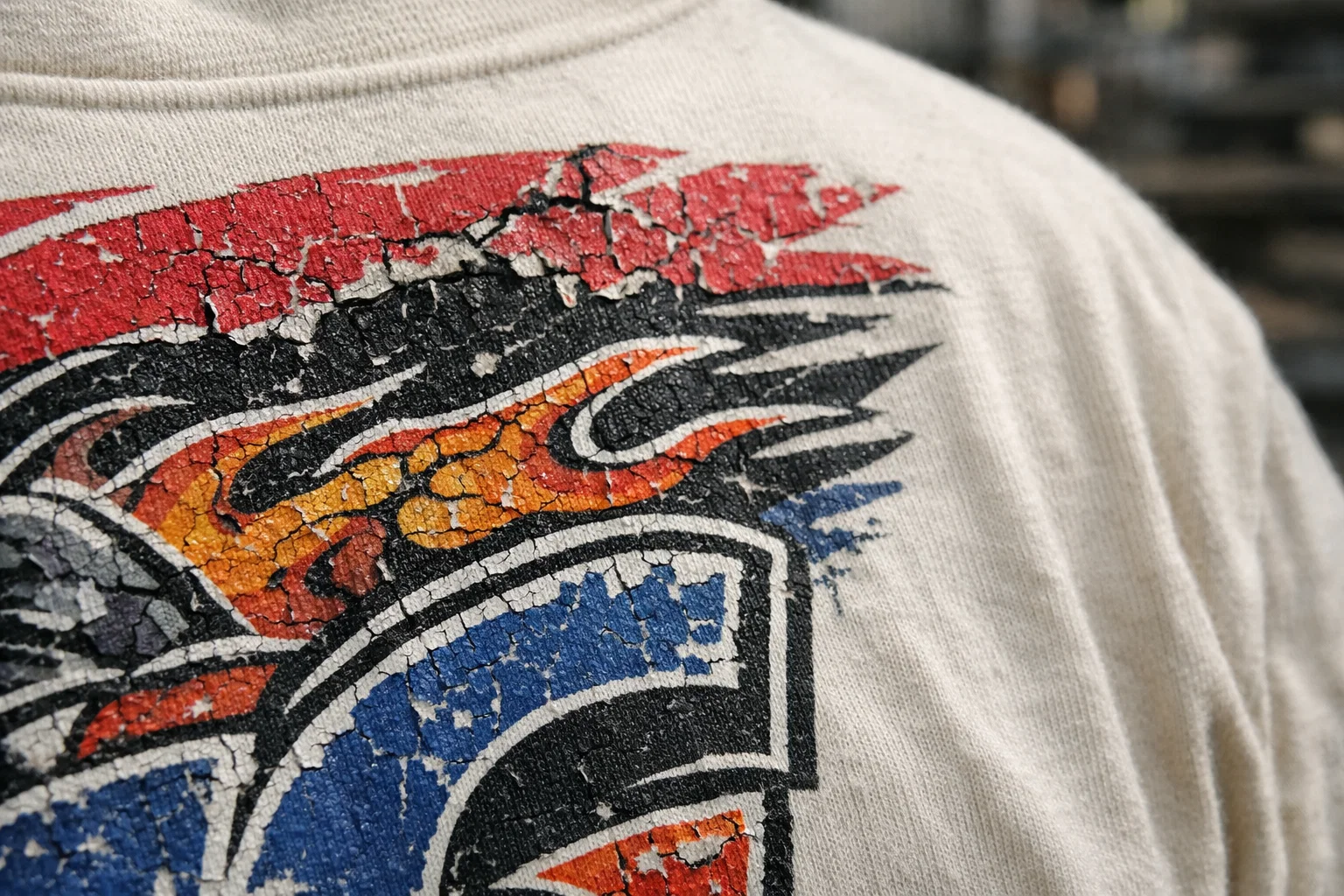 Close-up of DTF transfer cracking on cotton t-shirt after multiple wash cycles