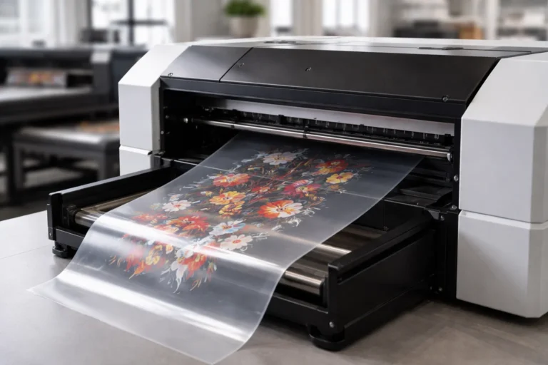 DTF printer printing a design onto PET film during the direct to film printing process