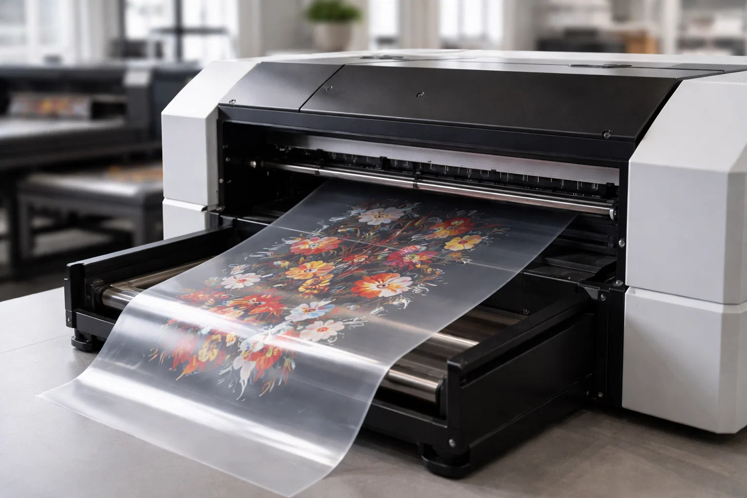DTF printer printing a design onto PET film during the direct to film printing process