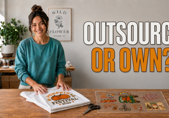 Small apparel business comparing buying custom DTF transfers versus owning a DTF printer for on-demand t-shirt printing.