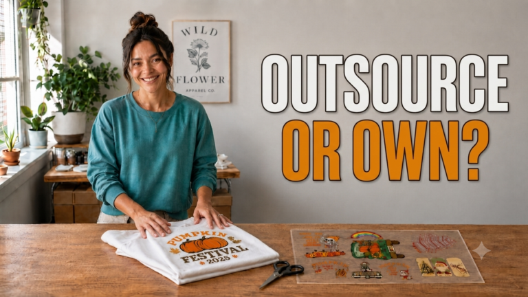 Small apparel business comparing buying custom DTF transfers versus owning a DTF printer for on-demand t-shirt printing.